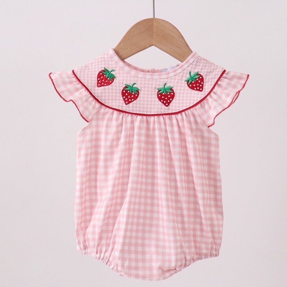 Abby & Evie Baby Girl Pink Gingham Strawberry Embroidered Bubble Romper 16M NWT